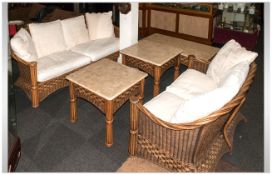 Wicker 5 Piece Conservatory Suite Two Settee's With White Upholstered Cushions, Two Seater 60'' in