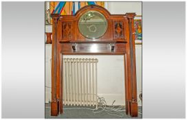Edwardian Mahogany Inlaid Inlayed Fireplace and Surround, the top with a round mirror and shaped