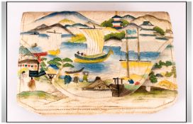 Ladies Mid 20thC Clutch Bag, decorated in the Chinoiserie design showing Mount Fuji, Lake and