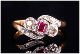 18ct Gold and Platinum 3 Stone Ruby and Diamond Ring. Marked 18ct Plat. 4 grams.