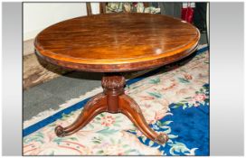 Victorian Round Top Mahogany Loo Table supported by a carved column on three shaped carved legs.