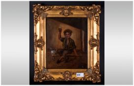 Early 19thC Oil on Panel, 'Young Chimney Sweep Making a Toast', period gilt wood frame with