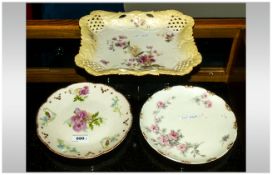 2 Limoges Cabinet Plates And Tray, Painted Floral Decoration.
