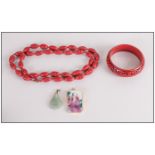Cinnabar Lacquer Style Bangle and Necklace, plus a carved jade pendant and one made from broken