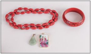 Cinnabar Lacquer Style Bangle and Necklace, plus a carved jade pendant and one made from broken