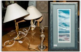 Two Table Lamps, brass effect base with cream shades. Together with framed print.