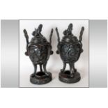Japanese - Meiji Period Fine Pair of 19th Century Bronze Koros Incense Burners, Decorated with