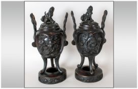 Japanese - Meiji Period Fine Pair of 19th Century Bronze Koros Incense Burners, Decorated with