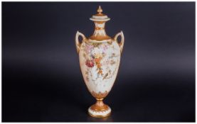 Royal Worcester Handpainted Very Fine Blush Ivory Two Handled Lidded Floral Decorative Vase, Circa