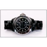 Chanel J12 Unisex Black Ceramic Automatic Wrist Watch with Black Dial and Diamond Markers. Model