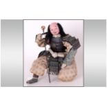 Japanese Samurai Attendant Doll Figure, Footman Servant In Warrior Armour. Gofun Chuugen Edo Period.