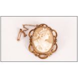 Victorian 9ct Gold Framed Oval Shaped Cameo Brooch with Openwork Border. Marked 9ct. Complete with