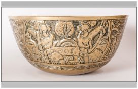 Chinese Swinging Brass Bowl Temple Gong, cast and engraved to the body with figures doing yoga in