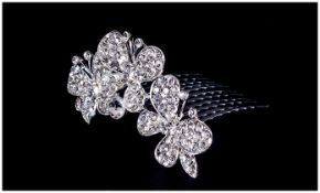 White Austrian Crystal Butterfly Hair Comb, the three butterflies forming an arched piece, 2.75