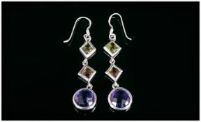 Amethyst, Citrine and Peridot Triple Drop Earrings, a 3.5ct round cut amethyst set below a square