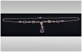 Amethyst, Peridot and Citrine Y Shape Necklace, a variety of oval and marquise cut gemstones centred