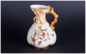 Royal Worcester Handpainted Ivory Ground And Floral Jug with gold naturalistic handle. Date 1891.