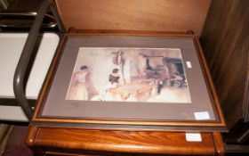 Brown Framed Painting of 3 Women In Kitchen.