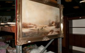 Large Gilted Framed Painting. ( Ice Skating on River ) Signed.