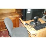 Computer Desk with Chair, Tower, Flat Screen, Keyboard and Mouse.