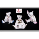 Royal Crown Derby Trio of Teddy Bear Figures / Paperweights. Date 2004. All Bears are In Excellent