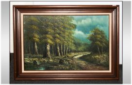 Large Oil On Canvas Depicting A Woodland Setting in wooden frame. 44x32''