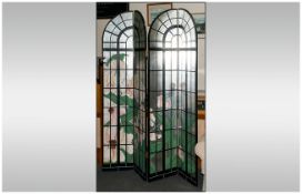 Decorative Four Panel Oriental Style Screen, predominantly black in colour with floral