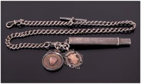 Antique Silver Albert Chain Stamped To Each Link With T-Bar And Fasteners, Complete With Two Medal