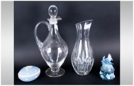 Cut Glass Decanter Together With Cut Glass Vase, Wedgwood Jasper Ware Egg And A Dolphin Ornament.