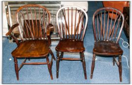 Three 19thC Spindle Backed Kitchen Chairs, Look To Be Beech And Elm Wood. Later Varnished, Odd