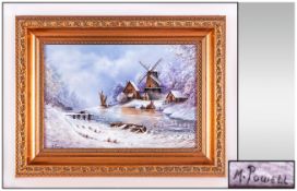 Royal Worcester Excellent & Fine Hand Painted & Signed Wall Plaque, Snowy Winter Scene Showing A