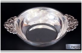 Art Deco Good Quality Two Handle Silver Bowl, the two shaped handles of embossed decoration,