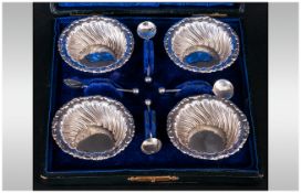 Victorian Boxed Silver Set of 4 Salts. Complete with Spoons. Hallmark For Birmingham 1901. Excellent