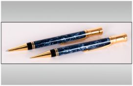 Parker Duofold Continental - Lapis Blue Matching Propelling Pencil and Ball Point Pen. c.1980's.