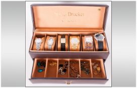 Leatherette Jewellery/Watch Box Containing Six Fashion Watches & Small Quantity Of Costume Jewellery
