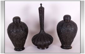 Set of Three Antique Indian Beaten Copper Vases, Decorated with a Mogul Type Floral Design, Two