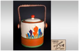 Clarice Cliff Hand Painted Basket Weave Handle Lidded Biscuit Barrel ' Crocus ' Pattern. c1929.