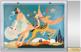 Oil on Board Art Deco Picture depicting a maiden and two stylised antelopes. Signed bottom left L