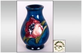 Moorcroft Miniature / Samplers Vase ' Anemone ' Design on Bluey Ground. 2 Inches High. Excellent