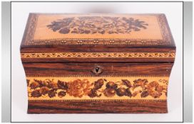 19th Century Rosewood Tea Caddy Tunbridge Ware Inlaid Hinged Lid & Sides. Depicting Floral