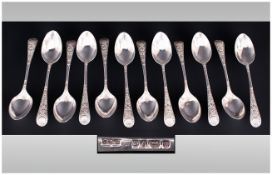 A Fine Victorian And Ornate Silver Set Of 12 Teaspoons, Hallmark Sheffield 1888, Maker James Dixon &