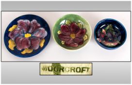 Moorcroft Collection of Small Footed Bowls and Pin Dish ( 3 ) Items In Total. ' Clematis and Orchids