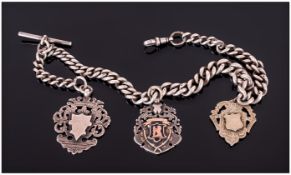 Antique Silver Albert Chain Marked To Each Link, Complete With Three Medal Fobs, T-Bar And Fastener.