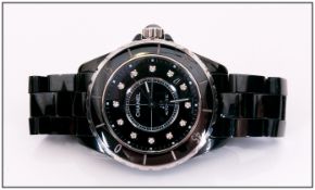 Chanel J12 Unisex Black Ceramic Automatic Wrist Watch with Black Dial and Diamond Markers. Model