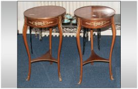 Pair of Circular Side Tables, in the Louis XVI style, each with ormolu mounts to frieze and legs,
