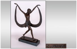 A French Art Deco Style Signed Bronze Figure of a Semi-Naked Lady Fan Dancer. Raised on a Marble