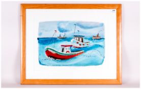 Modern Framed Coloured Print Of Tug Boat by Dawn Harvey. 27x21''