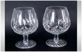 Waterford Fine Cut Crystal Pair Of Brandy Glasses 'Lismore Pattern' Waterford Marks to base. Mint