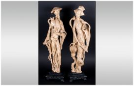 Pair Of Ivorine Figures Of A Chinese Man & Woman on a faux wood base. 20'' in height