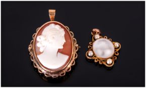 9ct Gold Mounted Cameo Brooch Depicting A Young Maiden, Rope Twist Border With Clasp And Pendant